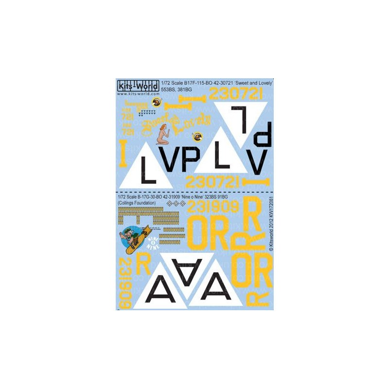 Décal Boeing B-17F-115-BO Flying Fortress 42-30721 'Sweet and Lovely' 553BS, 381BG - B17G-30-BO 42-31909 'Nine O Nine' 323BS 91B