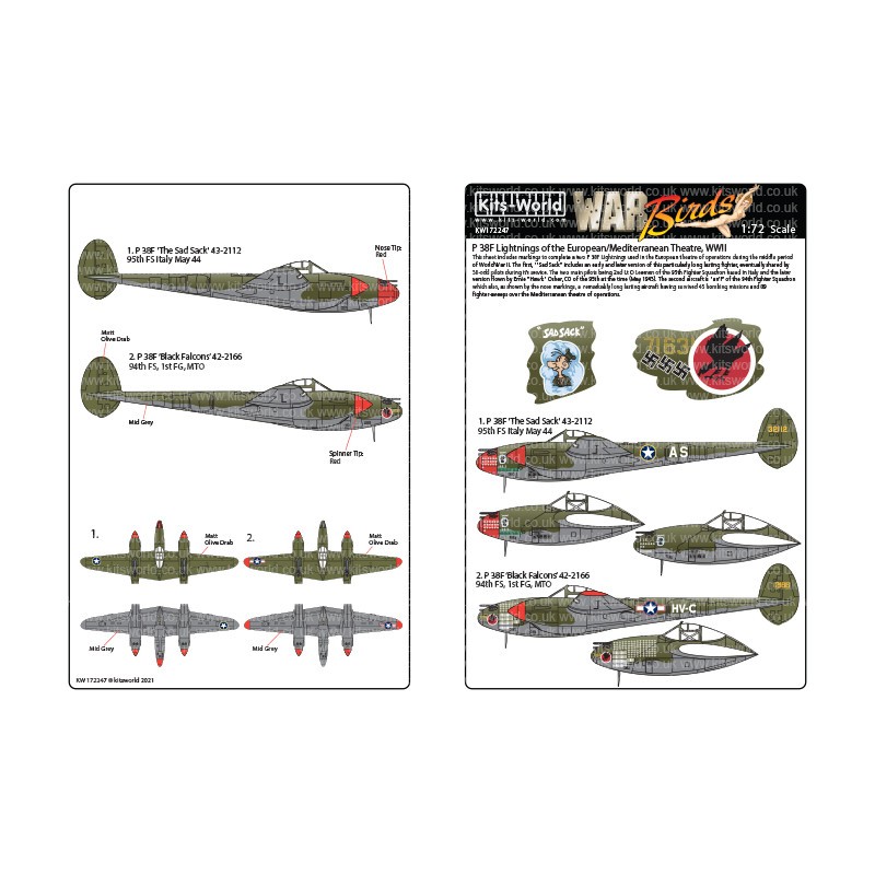 Décal Lockheed P-38 Lightnings - Early War.P-38F 'The Sad Sack' 43-2112 95th FS Italie Mai 1944.P-38F 'Black Falcons' 42-2166 94