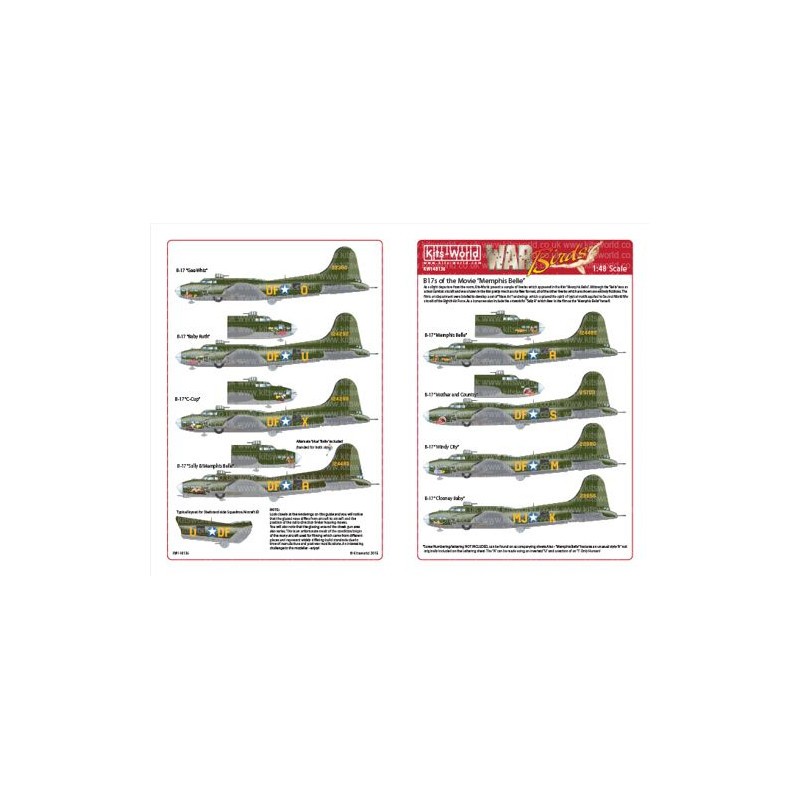 Cette feuille de décalcomanies Kitsworld couvre une partie de l'art du nez du film "Memphis Belle"