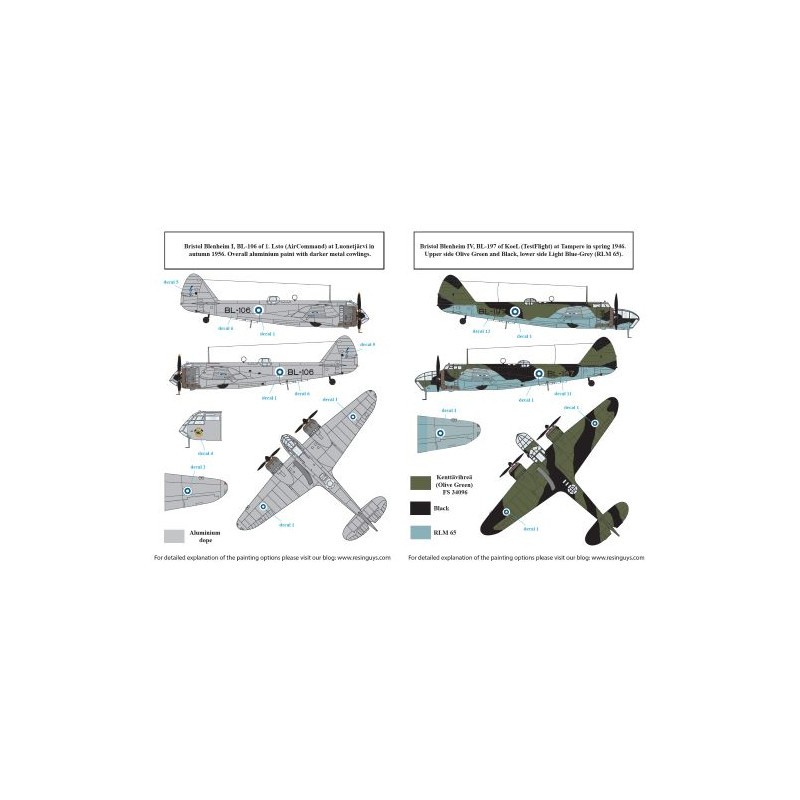 Décal Bombardiers finlandais - Les marques d'après-guerre incluent Bristol Blenheim Mk.I/Mk.IV, Junkers Ju-88A