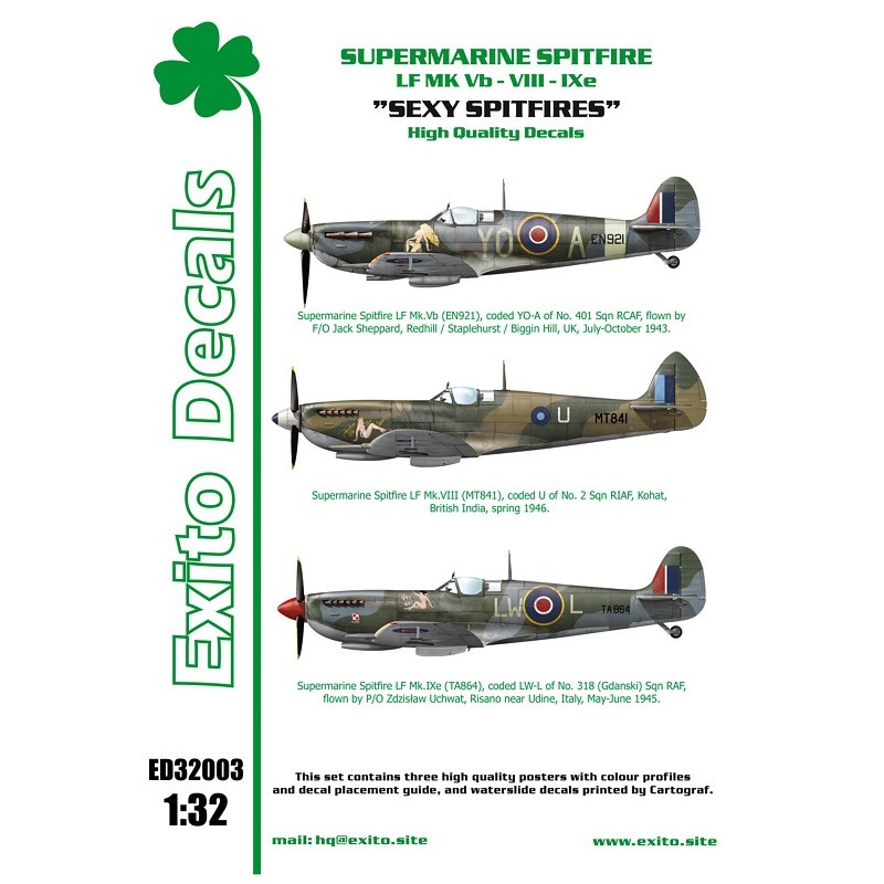 Décal Sexy Spitfires' , qui contient des inscriptions pour trois avions : - Spitfire LF Mk