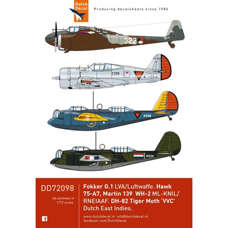 Fokker G.1, Curtiss H.75, Martin 139 WH-1/3, de Havilland DH-82A Tiger Moth